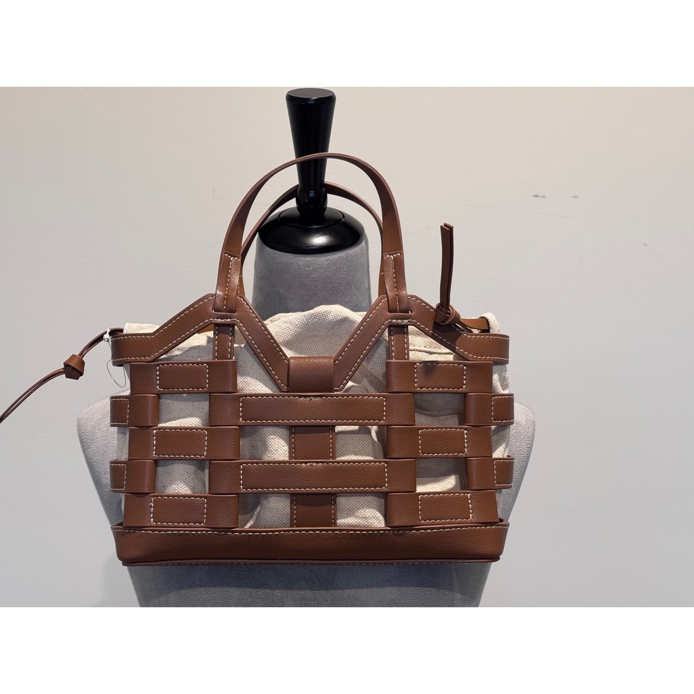 H&M Brown Woven Cage Tote Bag with Canvas Drawstring Pouch Contrast Stitching